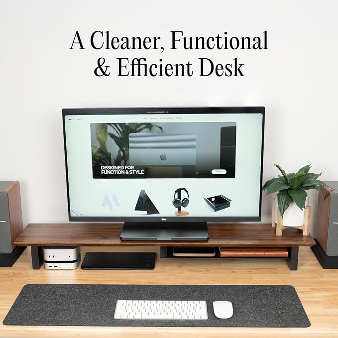 COREMINDED Solid Wood Dual Monitor Stand Riser – 42" Walnut Desk Shelf for 2 Monitors with Tray & Wool Felt, Organizer for Desktop, Laptop and Office (Walnut)
