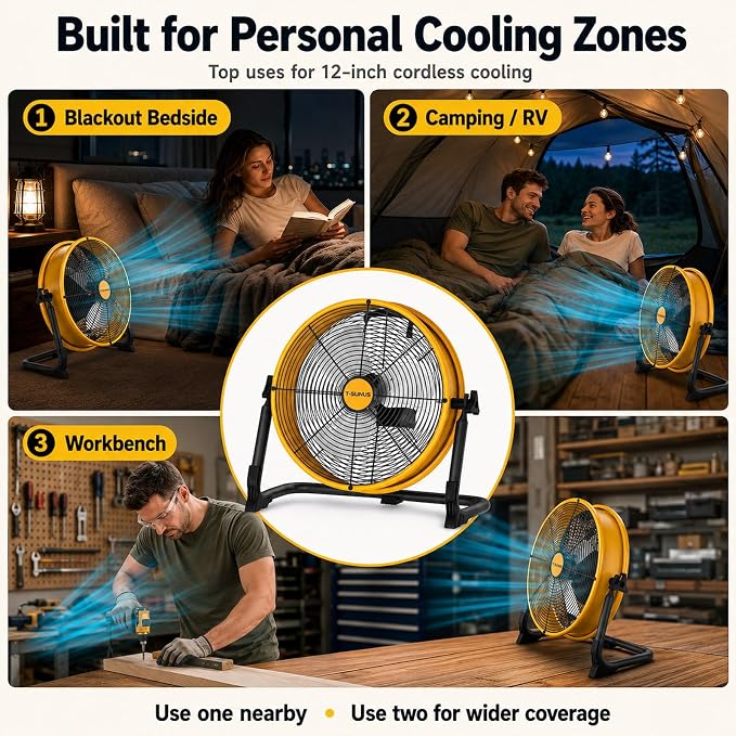 T-SUNUS 12" Battery Powered Floor Fan, 13200mAh Rechargeable Cordless Portable Fan 1500 CFM High Velocity Airflow, Quiet Brushless Motor, 360° Tilt for Camping Tent RV Garage & Blackout Power Outage