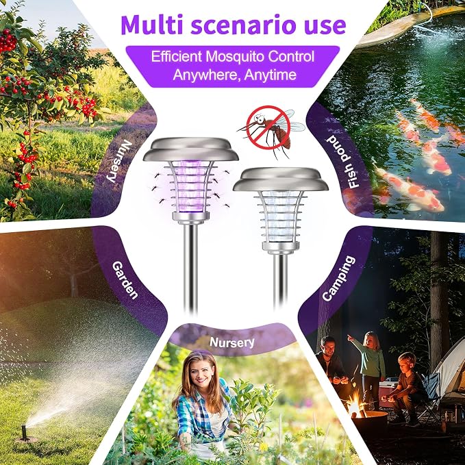 4 Pcs Solar Bug Zapper Outdoor Waterproof Mosquito Repellent Light Solar Power Fly Killer Lamps for Moths, Gnats, Fly, Small Flying Insect Backyard Garden Lawn (Stainless Steel,Purple & White Light)