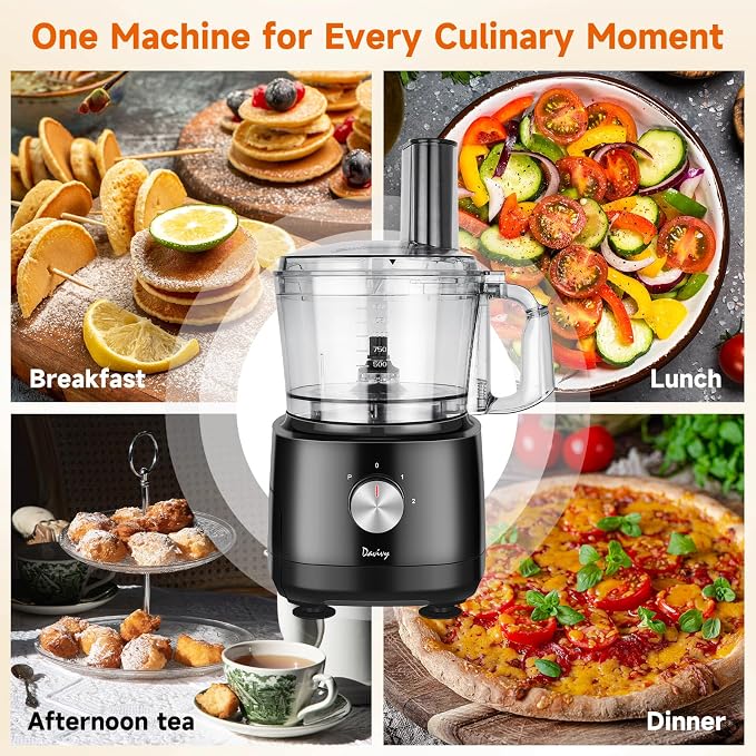 Davivy 7-Cup Food Processor with Built-in Storage Drawer | 600W Motor, 9-Blade Set for Wavy Slicing, French Fries, Dough Kneading | 3-Speed Compact Chopper for Home Kitchen Meal Prep, Black