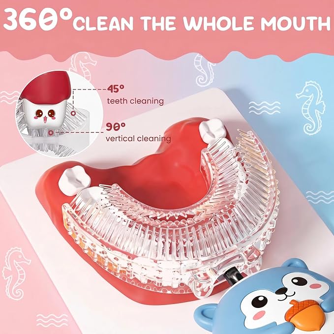 Kids U-Shaped Automatic Electric Toothbrush, Children’s 360° Mouthpiece Design for Full-Mouth Cleaning, 3 Cleaning Modes, Cute Animal Squirrel Style