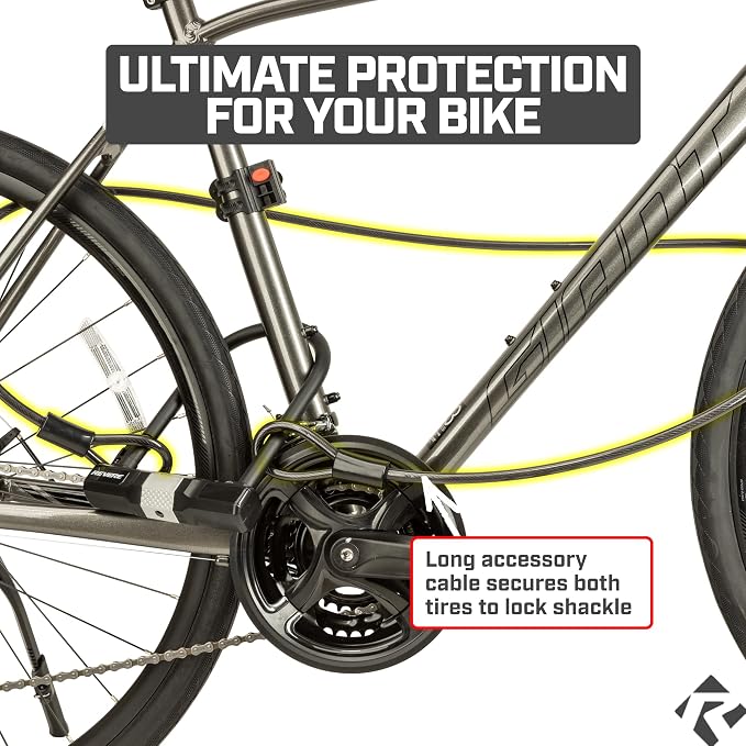 Revere USA Bicycle Keyed U-Lock with Extra Long Cable. Heavy Duty Hardened Steel. Protect Your Bike, e-Bike, Scooter or Motorcycle. Includes 2 Keys and Frame Mount. Anti-Mar Finish Ultimate Security.