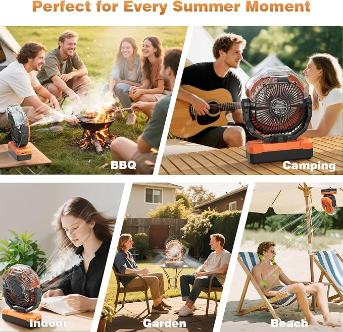460ml Tank Portable Misting Fan,36000mAh Rechargeable Battery Powered Camping Fan with 4 Speeds,3 Timers,2 Light Modes,Jobsite Beach Summer Essentials,Mist Fan for Indoor Outdoor Patios Travel,Orange