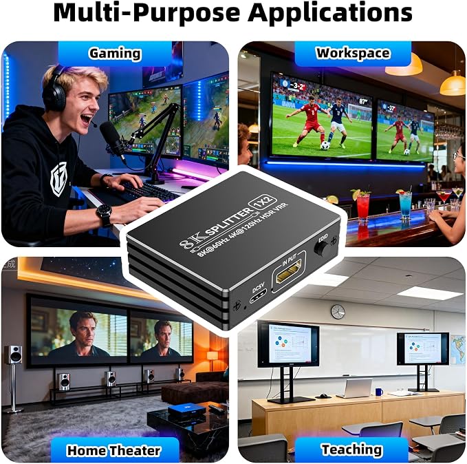 BolAAzuL HDMI 2.1 Splitter 1 in 2 Out 4K 120Hz with 8K HDMI Cable and Power Adapter, 8K 60Hz 1x2 HDMI Y Splitter with Audio Out for Dual Monitors Duplicate, Support HDCP 2.3 HDR for PS5/Xbox/PC/TV