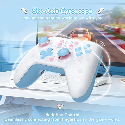 Kuitmor Cinnamoroll Switch Pro Controller, Cute Hall Effect Wireless Gamepad No Drift for Switch 2/Switch/OLED/Lite, PC/Steam, Android, iOS, Bluetooth + Wired, Turbo, Back Buttons, 6-Aixs Gyro, Wake-up, RGB (Blue, Without 2.4g Receiver)