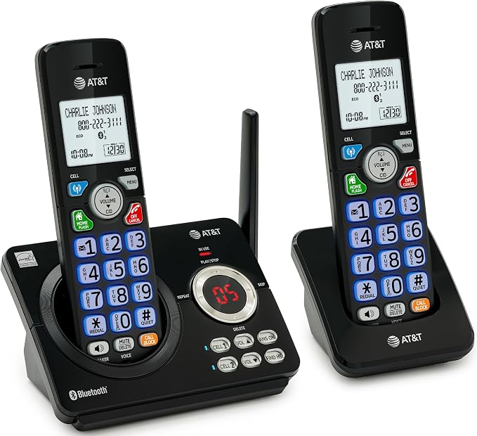AT&T DECT 6.0 Cordless Phone, 2-Handset – Smart Call Blocker, Bluetooth Connect to Cell, Caller ID Announce, Answering Machine | DL72279