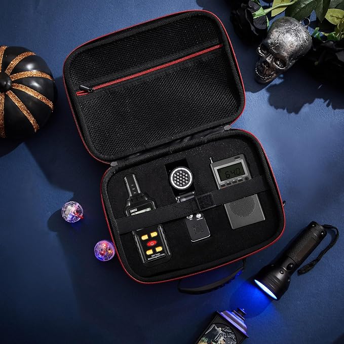 Dunzy 8 Pcs Ghost Hunting Equipment Kit, Include 1 Emf Meter 1 EVP Voice Recorders 1 Spirit Ghost Hunting Research Case 1 Flashlight 1 Speaker 2 Motion Light up Cat Balls 1 Radio(Emf Meter 5, Radio 2)