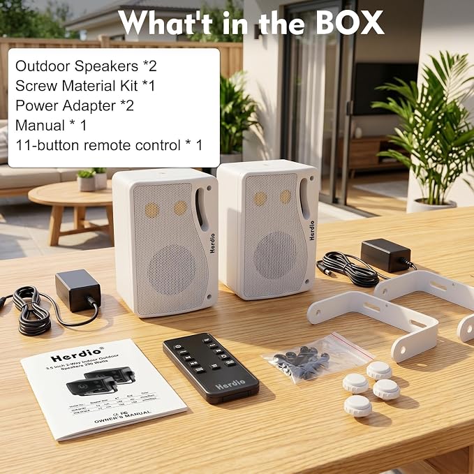 Herdio 3.5" 200W Outdoor Bluetooth Speakers, IP44 Waterproof Rating and Be Able to Wireless Multi-Connection Up to 20 Units for Patio/Porch/Balcony (White, 2-Pack)