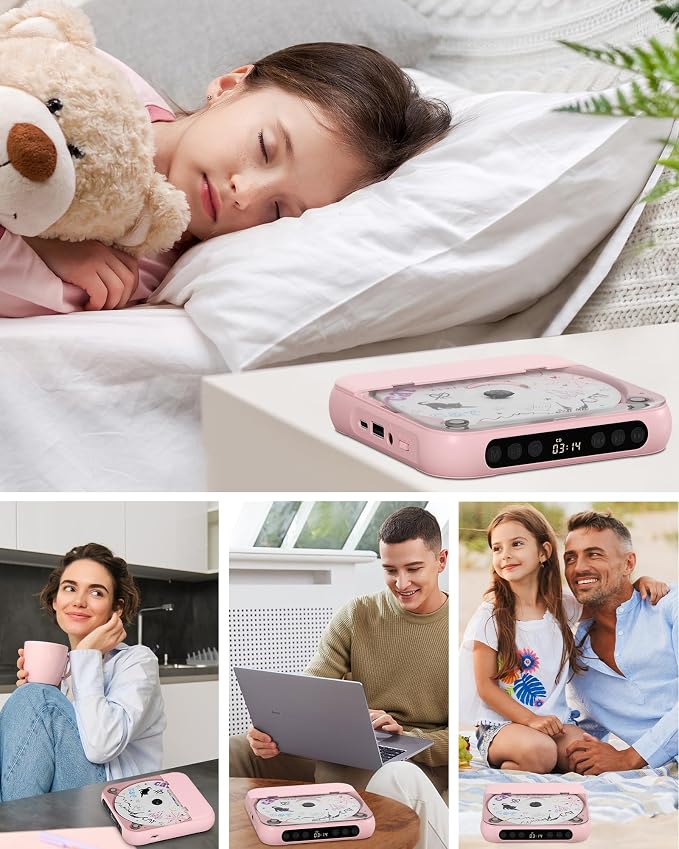 ENVYCLOUD CD Player Portable with Dual Stereo Speakers, Rechargeable Portable CD Player with Bluetooth for Home with Headphones, Support CD/AUX/USB,Pink