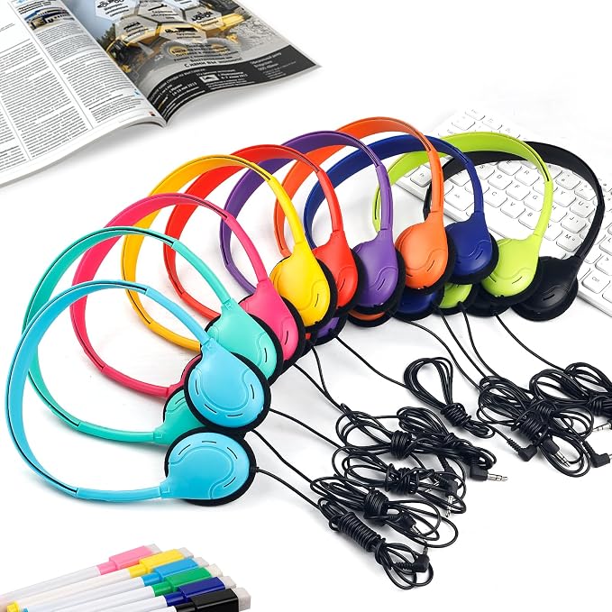 Kids Headphones Bulk 10 Pack for School Classroom Student Children Boys Girls Teen and Adult,Class Set of Headphones for Students Computer 3.5mm Jack (10 Mixed Colors)