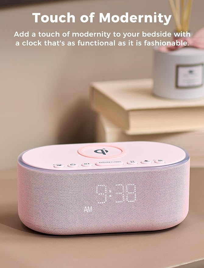 Odokee Wireless Charging Alarm Clock Radio: Qi Certified Fast Wireless Charger for iPhone Samsung - 10W Stereo Bluetooth Speaker - Dimmable Digital Clock with FM Radio for Bedroom Pink