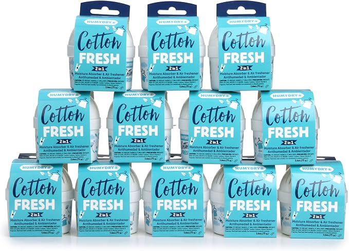 HUMYDRY Moisture Absorber Device, Mini Pack of 12 2.6oz, Up to 4-6 Weeks Humidity Control, Fights Summer Humidity, Small Space Dehumidifier & Air Freshener, Fresh Cotton Scent, Non Electric