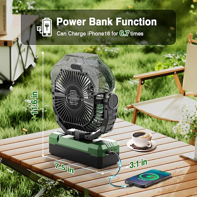 Portable Misting Fan, 36000mAh Rechargeable Battery Powered Camping Fan with 460ml Tank & 6.6ft Mist, 4 Speeds 2 Light Modes for Outdoor Patios Travel Jobsite Beach Summer Essentials - Green