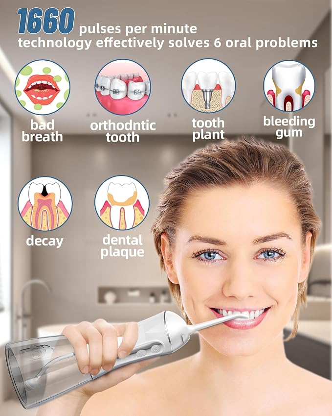 Electric Water Dental Flosser - Cordless Portable Teeth Cleaner, Rechargeable 320ML Larger Water Tank Oral Irrigator, 4 Modes with 5 Jet Tips and Travel Bag, IPX7 Waterproof (White)