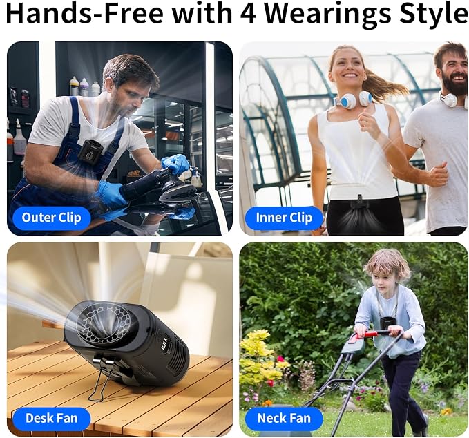 Socool 10000mAh Portable Waist Fan Clip On Personal Fans Rechargeable, 40H Cooling Wearable Belt Shirt Fan with 5 Speed Wind Adjustable & LED Light, Hanging Neck Fan for Outdoor Jobsite Camping