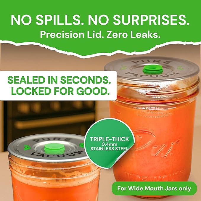 PURE MVP Premium Wide Mouth Mason Jar Vacuum Lids | Triple Thick Stainless Steel | Perfect for Juice, Smoothies to Extend Freshness 8x | Easy-Release Valve w/Leak Detection for Fermentation