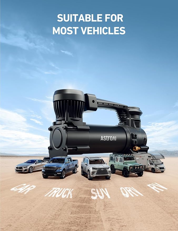 AstroAI T3 Heavy-Duty Air Compressor 12V Portable Offroad Air Compressor with 1.97CFM, 120PSI Tire Pump with Alligator Clips, LED Light for Pickups,Trucks, SUVs, RVs Cars for Up to 33 Inch Tires