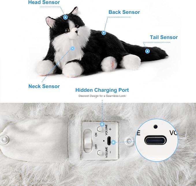 Interactive Companion Robot Cat Pets, Black Cat Stuffed Animals with Small Scarf, Emotional Support Plush with Voice Response, Realistic Heartbeat, Purring Sounds, Volume Control, Rechargeable