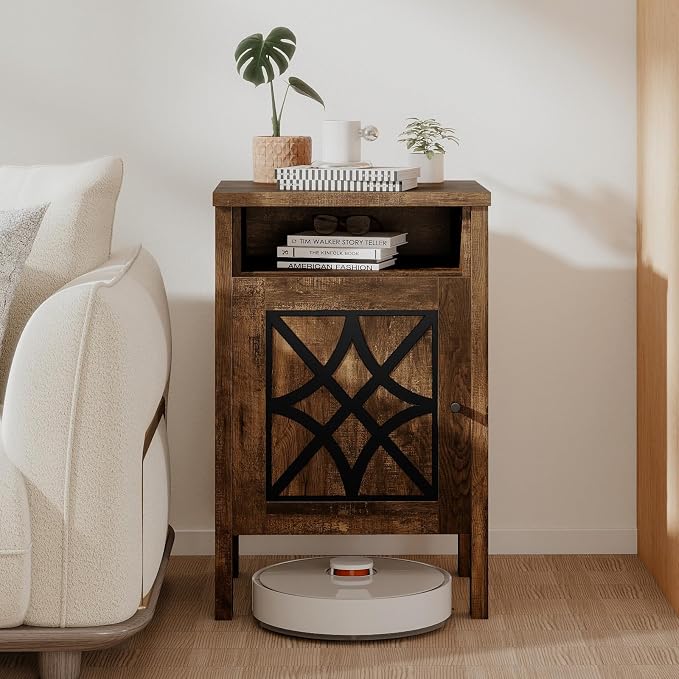 Giantex Robot Vacuum Storage Cabinet, Farmhouse End Table with Anti-Tipping Device, Anti-slip Foot Pads, Nightstand, Space-Saving Sweeping Robot Stand for Small Space, Bedroom, Kitchen, Office (Brown)