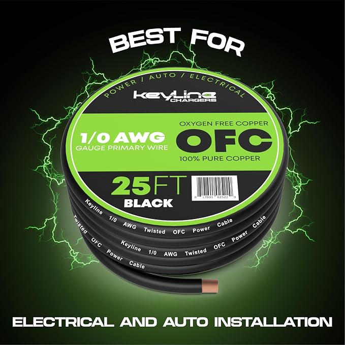 1/0 Gauge Wire (25ft) AWG Amp Battery Cable for Automotive Electrical Wiring - Oxygen Free Copper (OFC) Welding Cable 0GA - Car Amplifier Power & Ground Cable, Stereo Audio Speakers, RV Trailer Wiring