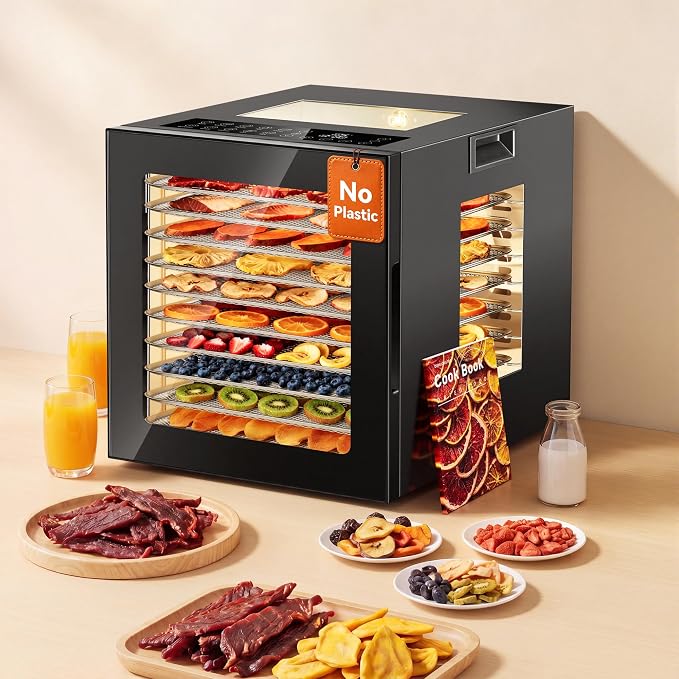 Manastin Food Dehydrator Machine 10 Stainless Steel Trays, 850W Dryer for Meat Jerky, Fruit, Herbs, Yogurt & Dog Treats, 95-167℉ Dehydrated Dryer, 48H Timer, 10 Presets, Overheating Protection, Black