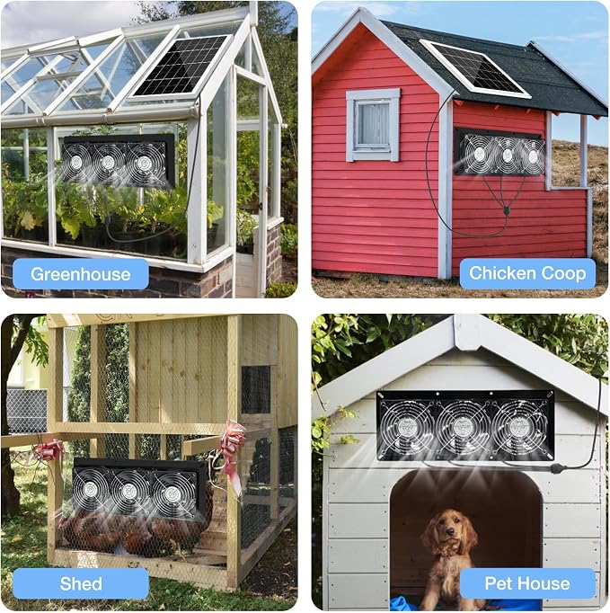 Fanspex Solar 3 Fan Kit, Waterproofed Solar Powered Fans for Outdoor Chicken Coop, Greenhouse & Shed Intake or Exhaust Air