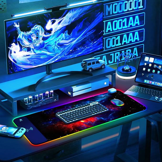 ToLuLu RGB Wireless Charging Gaming Mouse Pad, 7.5/10/15W 10 Light Modes LED Mouse Pad Computer Keyboard Mat Mousepad, 800x300x4MM Extended Large Desk Pad Desk Mat for Gamer, Red Blue Galaxy