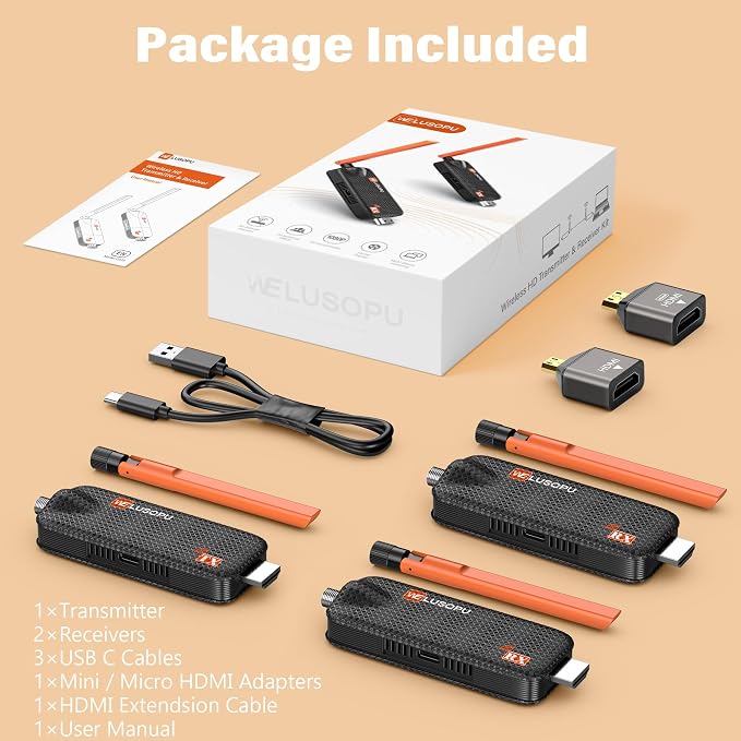 Wireless HDMI Transmitter and 2 Receivers, Support Up to 6 Receivers, 5.8G WELUSOPU HDMI Wireless Extender Casting Content for PC Laptop Camera Cable Box to Multiple TVs Monitors Projectors -165FT
