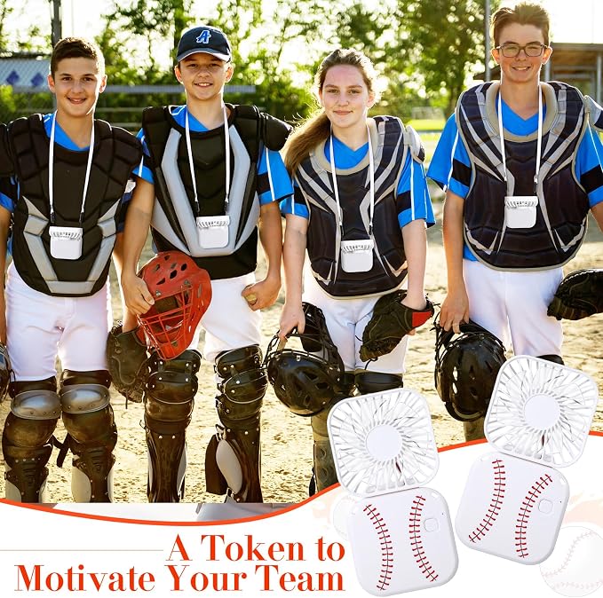 Retisee 12 Pcs Baseball Mini Portable Handheld Fans 3 Speed USB Rechargeable Necklace Fans Bulk 180° Foldable Electric Personal for Sport Party Favors Team Game Gift (White,Baseball)