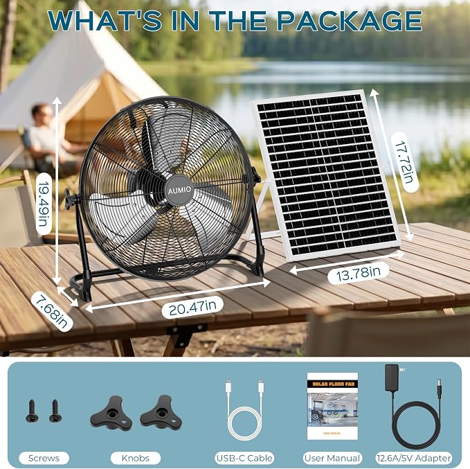 AUMIO 16" Solar Powered Floor Fan, Battery Operated Solar Fan with 25W Solar Panel & 15600mAh Battery, 1050 CFM High Velocity Airflow, 4-25H Runtime for Outdoor Camping, Power Outage, Patio, RV