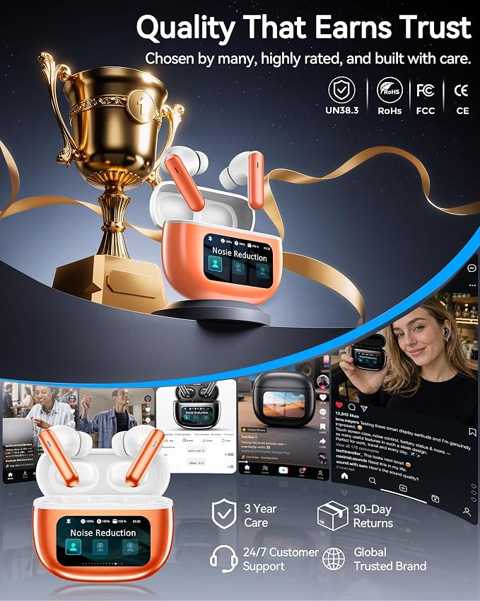 Wireless Earbuds with Smart Touchscreen Case, Bluetooth 6.0 Ear Buds with AI Noise Cancelling Calls, 40H Playtime Stereo Headphones, IPX7 Waterproof Earbuds for Workout, Travel, iPhone,Android,Orange