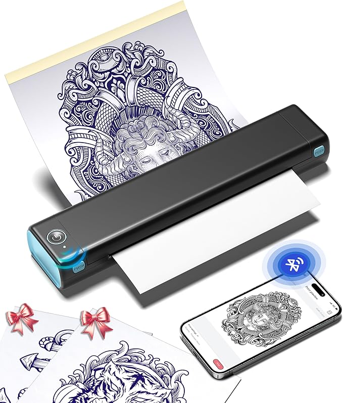 Phomemo Tattoo Stencil Printer, M08F Wireless Thermal Tattoo Printer with 10pcs Transfer Paper, Compatible with Phone/Tablet/PC, Tattoo Supplies for Tattoo Artists & Beginners, Black & Blue 