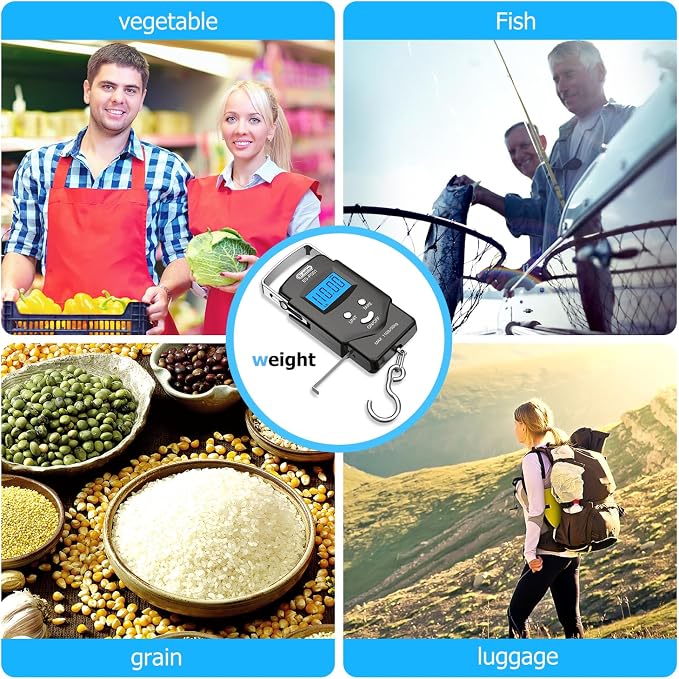 Dr.meter Fish Scale Luggage Scale Fishing Gear - 110lb Backlit LCD Display Digital Scale with Built-in Measuring Tape - Fishing Scale with 2 AAA Batteries, Pocket Size - Fishing Gifts for Men