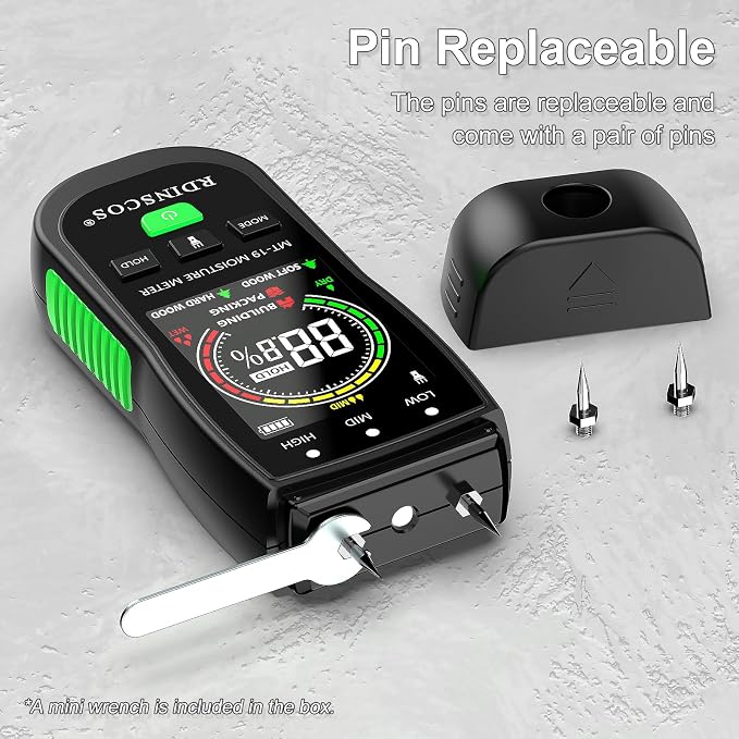 RDINSCOS Digital Moisture Meter Pin-Type Wood Moisture Detector | For Firewood, Lumber, Woodworking, Auto Alarm,Replaceable Pins, Built-in Flashlight, Home Inspection & Water Damage