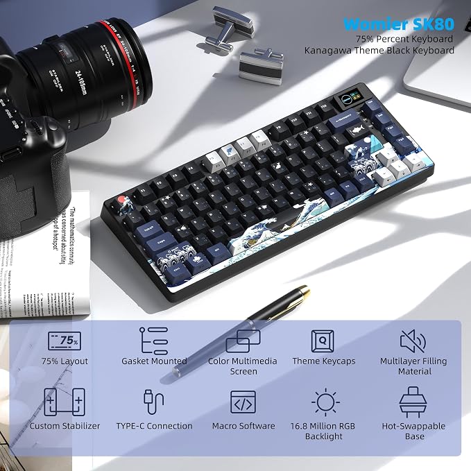 Womier SK80 75% Keyboard with Color Multimedia Display Mechanical Gaming Keyboard Creamy Sound, Wired Hot Swappable Gasket Mount RGB Custom Key Board, Pre-lubed Stabilizer for Mac/Win, Black Kanagawa