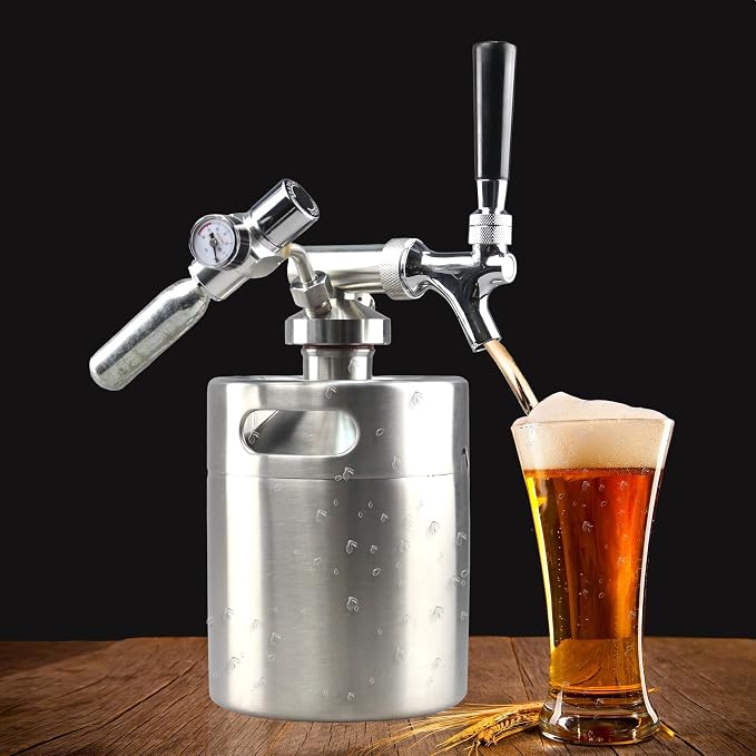 NutriChef Pressurized Growler Tap System - Stainless Steel Mini Keg Dispenser Portable Kegerator Kit - Co2 Pressure Regulator Keeps Carbonation for Craft Beer, Draft and Homebrew - (64oz)