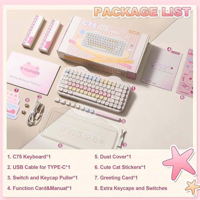 YUNZII C75 Wireless Mechanical Keyboard,75% Layout, Hot-Swappable NKRO,BT5.0/2.4G/USB-C Mode,Dye-Sub PBT MOA Keycaps,RGB Gasket Mount,Cute Cake Design for Mac/Win/Gaming (Beige, Milk V2 Switch)