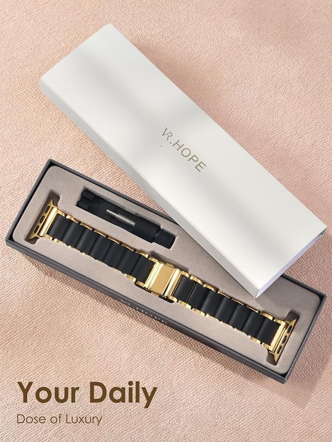V.R.HOPE 2-in-1 Office & Gym Band for Apple Watch Women – Stainless Steel + Soft Silicone Hybrid, Hypoallergenic & No Skin Irritation, All-Day Comfort – Fits Series 1-11, SE3 38mm 40mm 41mm 42mm(Black+Gold)