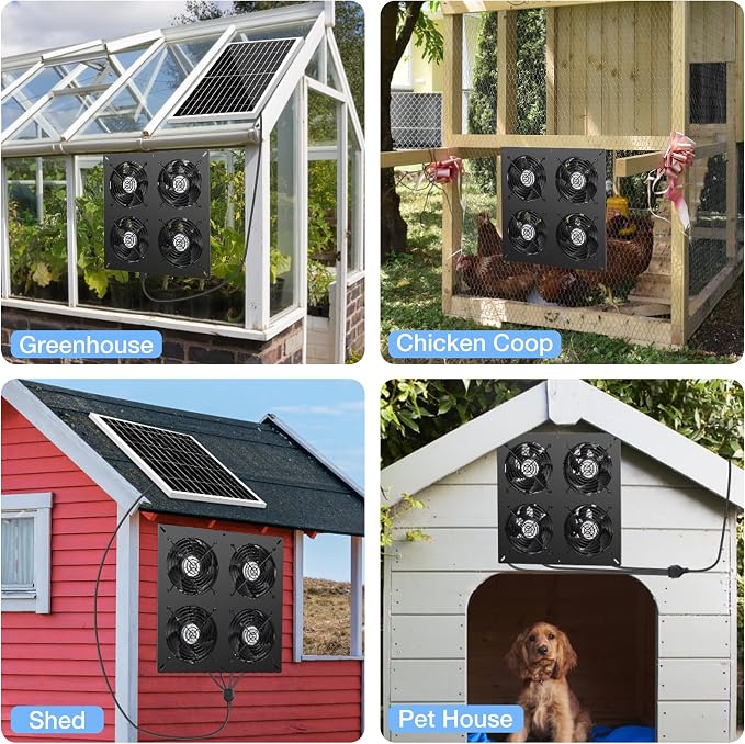 Fanspex Solar 4 Fan Kit, Waterproofed Solar Powered Fans for Outdoor Chicken Coop, Greenhouse & Shed Intake or Exhaust Air