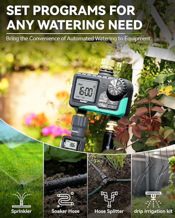 RAINPOINT 2 Zone Sprinkler Timer with Brass Inlet and Outlet - Water Timer for Garden Hose with Rain Delay/Manual Watering/Automatic Irrigation Controller for Yard(Blue Green)