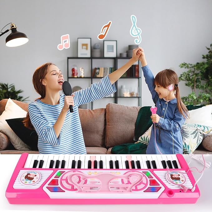 M SANMERSEN Kids Piano Keyboard 49 Keys, Electronic Toy Keyboard Piano with Microphone & Headphone for Beginners Multifunctional Musical Instruments Learning Pianos Keyboards Kid Gifts for Girls, Pink