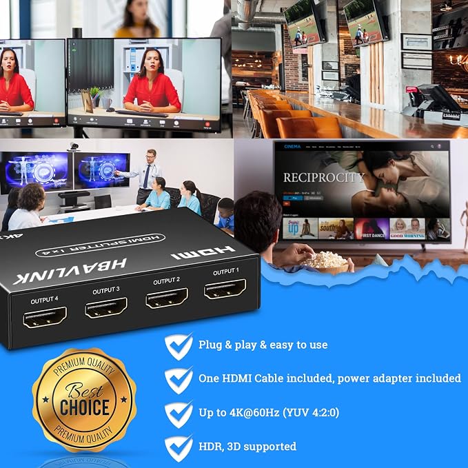 HDMI Splitter 1 in 4 Out 4K 4 Port HDMI Splitter Powered Video Splitter 4 Outputs w/HDMI Cord+ AC Adapter Duplicate/Mirror Screens for Fire Stick/Roku/DirecTV/Cable Box/Security Cameras