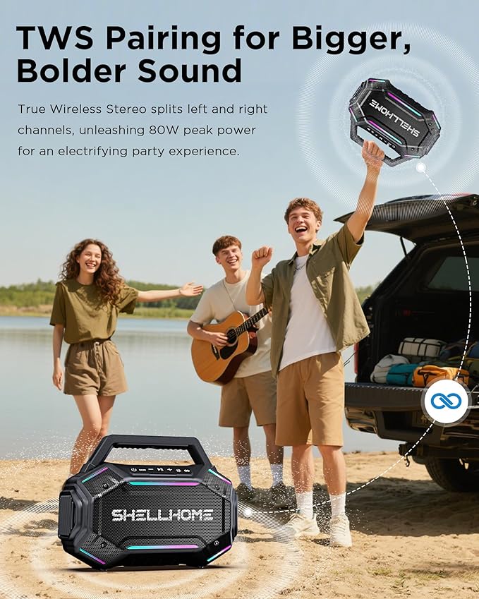 ShellHome Bluetooth Outdoor Speakers, 80W(Peak) Loud Wireless Speaker, 30H Playtime, RGB Lights, BassUp 2.0, IPX6 Waterproof, TWS, Bluetooth 6.0, Portable Boombox for Party, Pool, Beach (Teal)