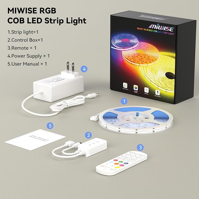 MIWISE RGB COB LED Strip Light,Color Changing LED Strip Lights Compatible with Alexa/Google,24V Music Sync Bright Flexible LED Tape Lighting for Bedroom,Kitchen,Bar,Under Cabinets,DIY Decoration,20ft