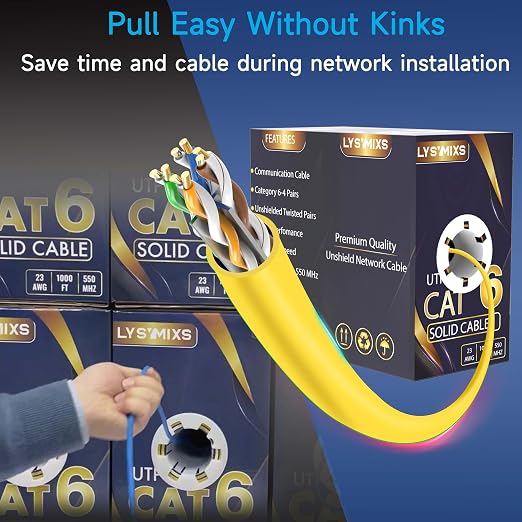 Cat6 Ethernet Cable 1000FT Channel Test Pass, Cat6 1000ft Ethernet Cable 23AWG Solid CCA, Cat6 Cable 550MHZ 10G with Easy Pull Box Yellow