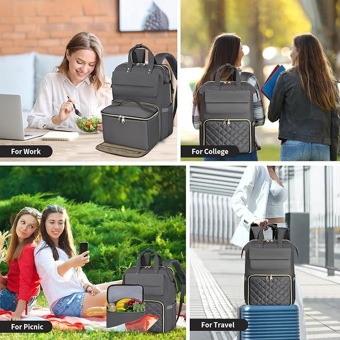 BERTASCHE Lunch Backpack for Women, 15.6 Inch Laptop Backpack with Insulated Cooler Lunch box, Nurse Backpack for Teacher Work Travel College Picnic,Grey