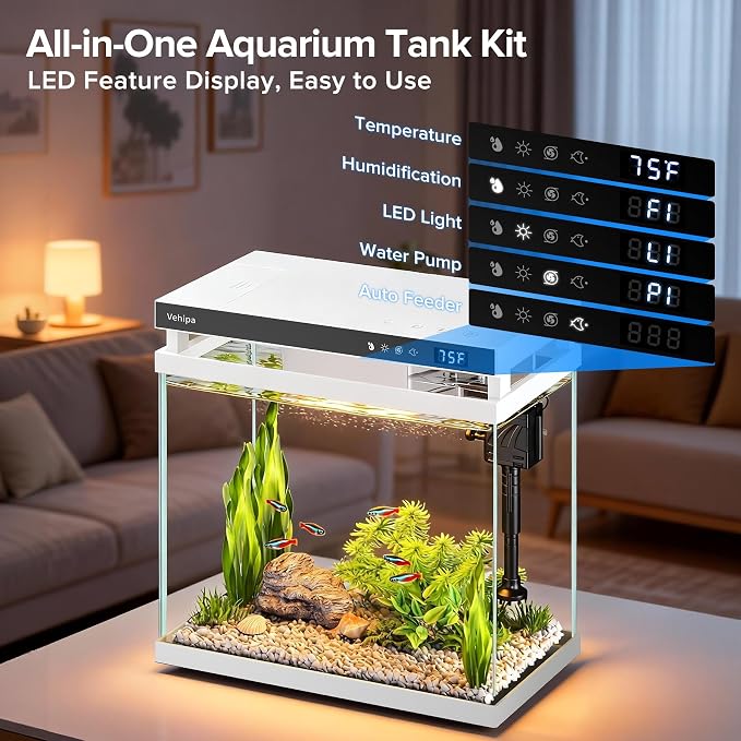 Vehipa Fish Tank Aquarium, 2.2 Gallon Smart Fish Aquarium Kits with Auto Feeder, Silent Water Pump, Temperature Display, Smart Humidifier & 7-Color Lighting, for Office & Home - White