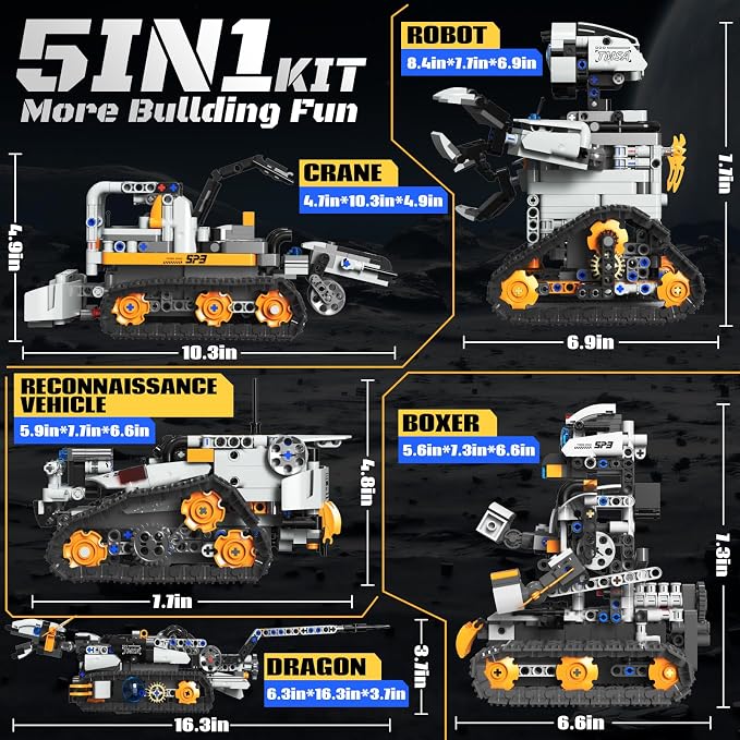 HPROMOT 5-in-1 STEM Coding Robot Building Kit, 688 Pcs APP & Remote Control Programmable Tracked Blocks, Screen Free Engineering Toy, Holiday Birthday Gift for Kids Boys Girls Ages 8–16