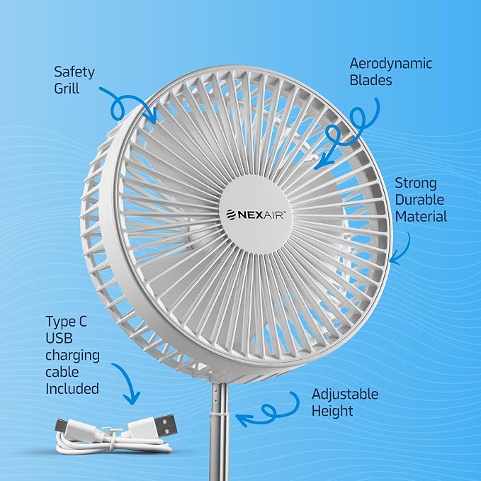 NEXAIR 8" Foldable Fan, Oscillating 4 Speed Portable Fan Adjustable Height 14”–40", Remote Controlled folding Fan with 10,000mAh Rechargeable Battery, Quiet Floor Fan For Bedroom, Great Fan For Travel
