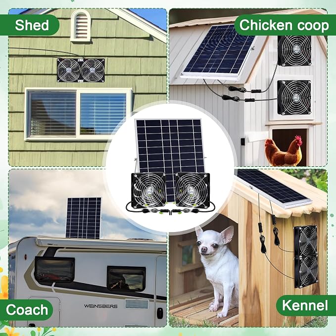 Glooglitter 20w Solar Powered Fan Kit for Chicken Coop IP67 Waterproof Dual Solar Greenhouse Fan 3500 RPM High Speed Exhaust Fan with 10ft Cable for Shed Pet House Window Outside Inside(1 Set)